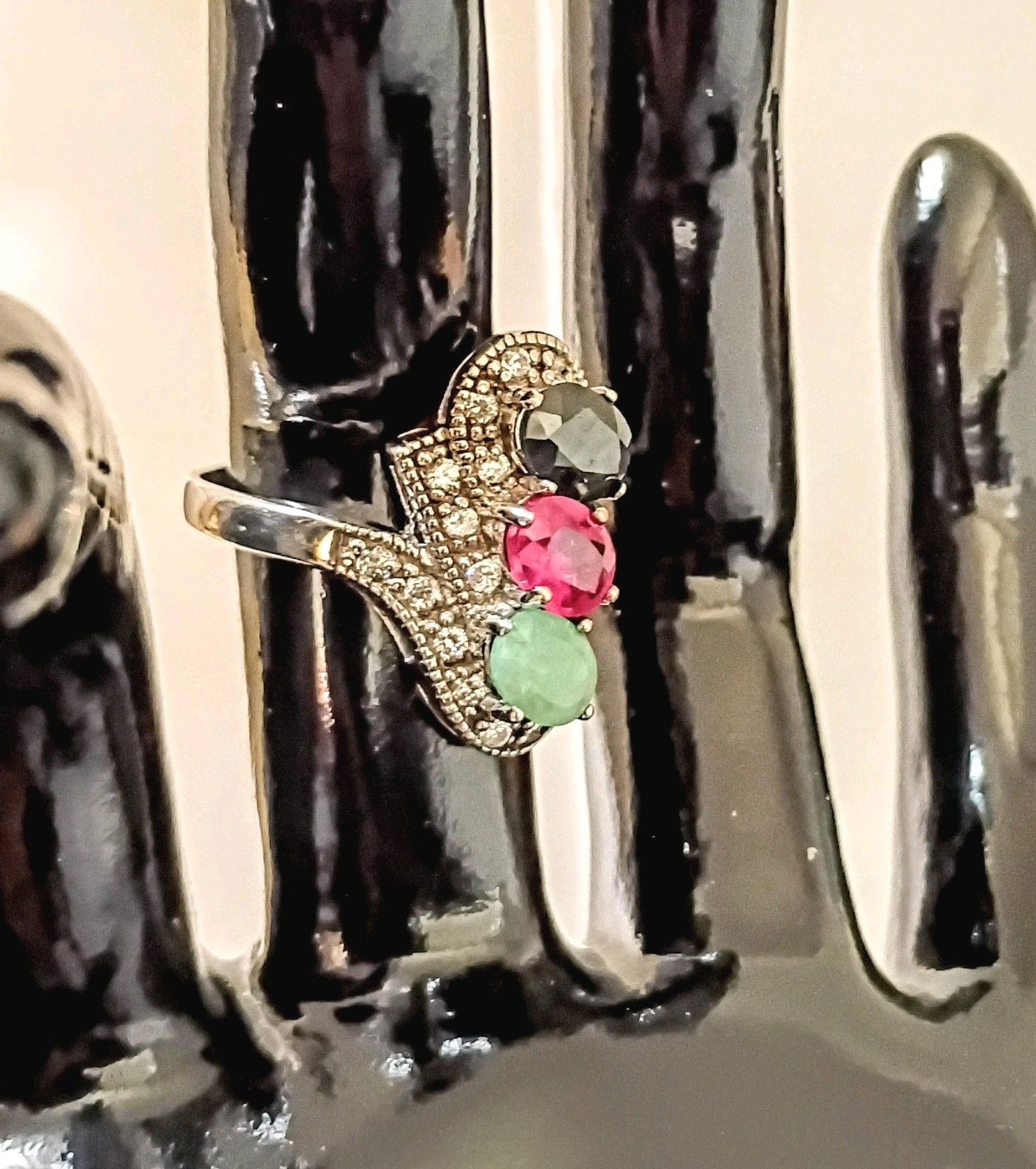 Vintage Natural Emerald Ruby Sapphire CZ Estate Statement Swirl Ring 8.5