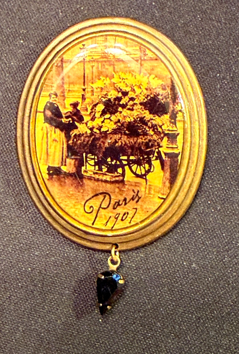 Antique Brooch w/ Picture of Flower Cart & Woman Dated Paris 1907 w/ Black Stone