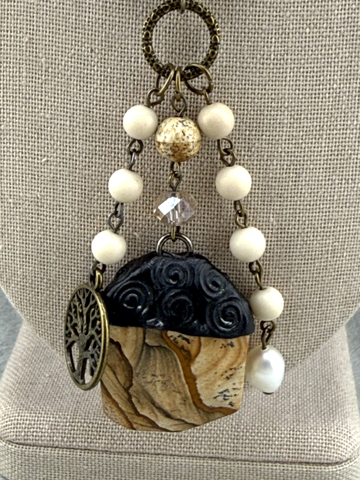 Bohemian Necklace Brown White Beads Carved Pendant Gold Tone 32″