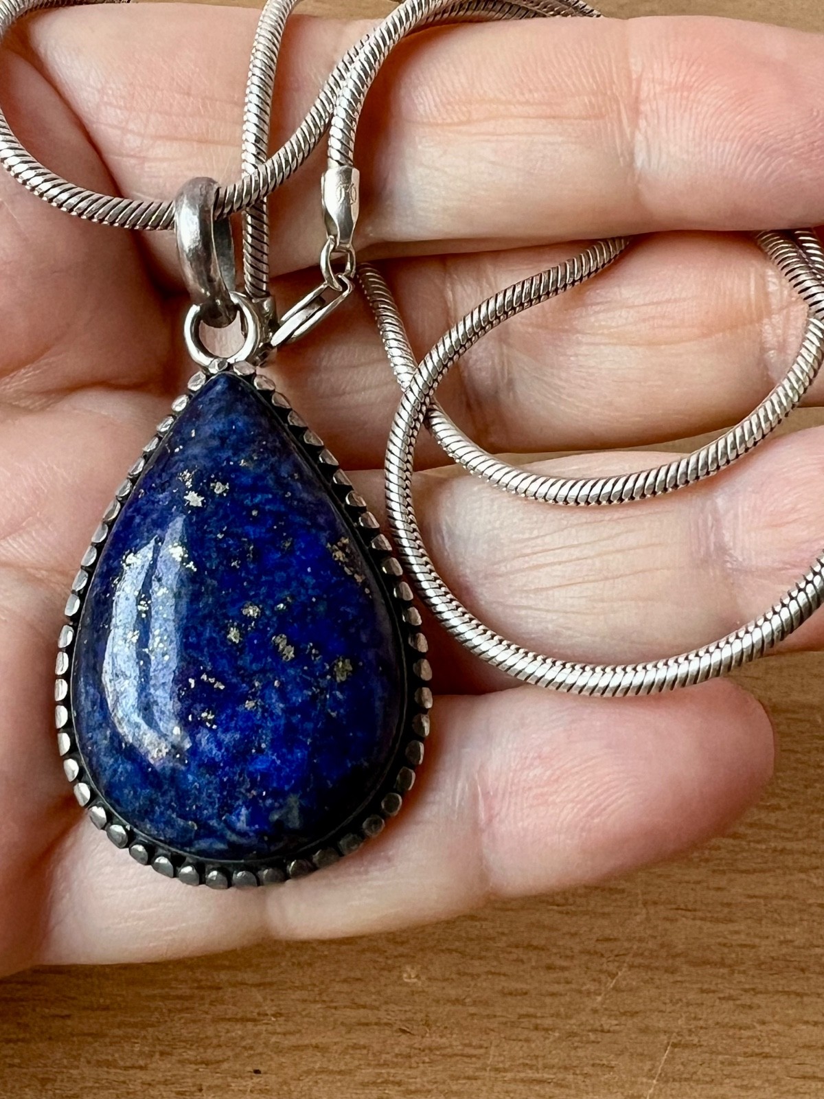 VINTAGE LARGE LAPIS LAZULI PENDANT THICK SNAKE CHAIN NECKLACE 925 STERLING SLVER