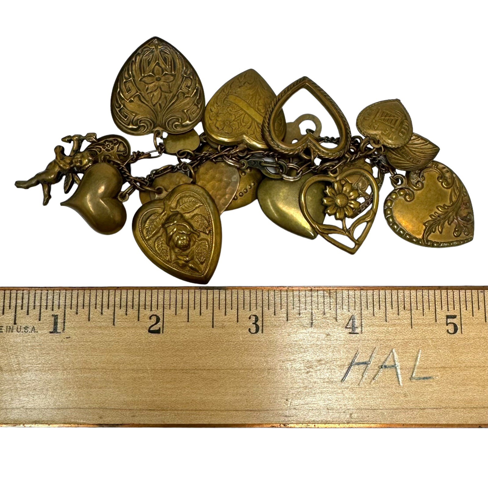 Victorian Style Bronze Color Embossed Fancy Hearts Cherub Charm Bracelet