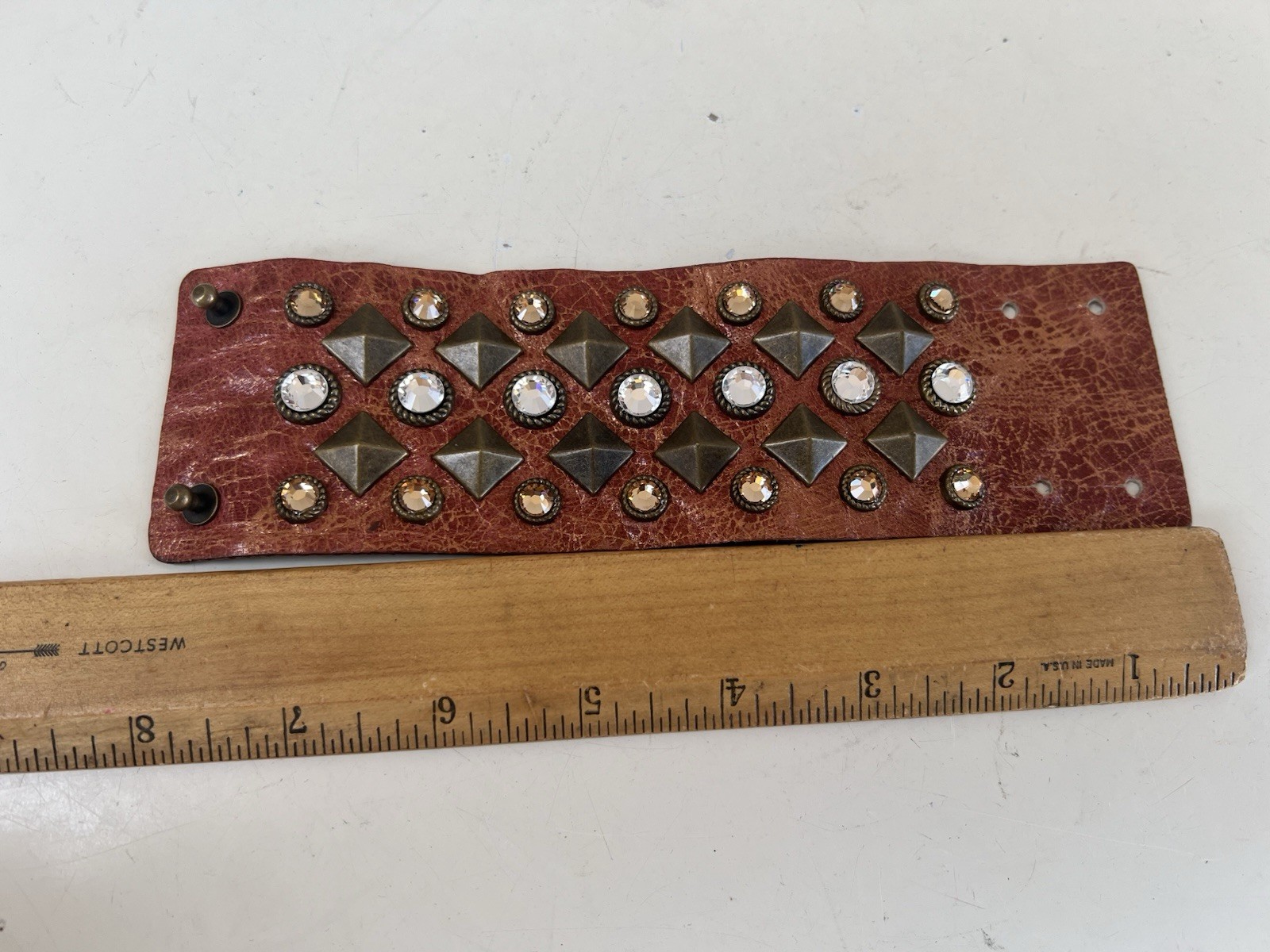 Vtg Cuff Bracelet Leather Rustic Rhinestone Metal S/M Streets Ahead