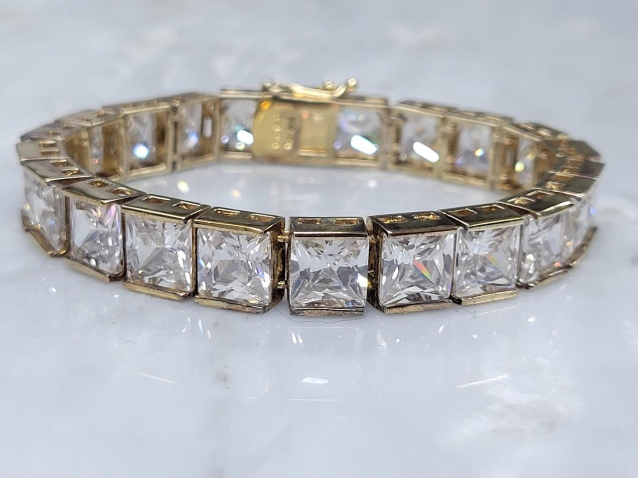 Gold Plated Sterling Silver Clear Stones Tennis Bracelet 7-1/2″ ~ 44g ~ 16-G231