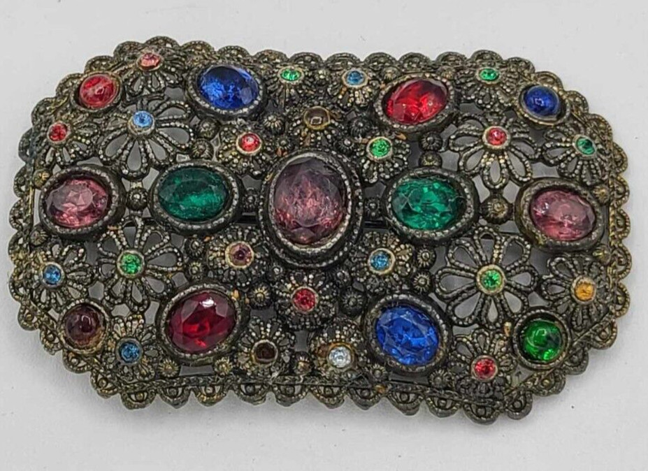 Vtg 1940s New England Glass Works Brooch Pin Floral Design Faceted Stones ~3″L