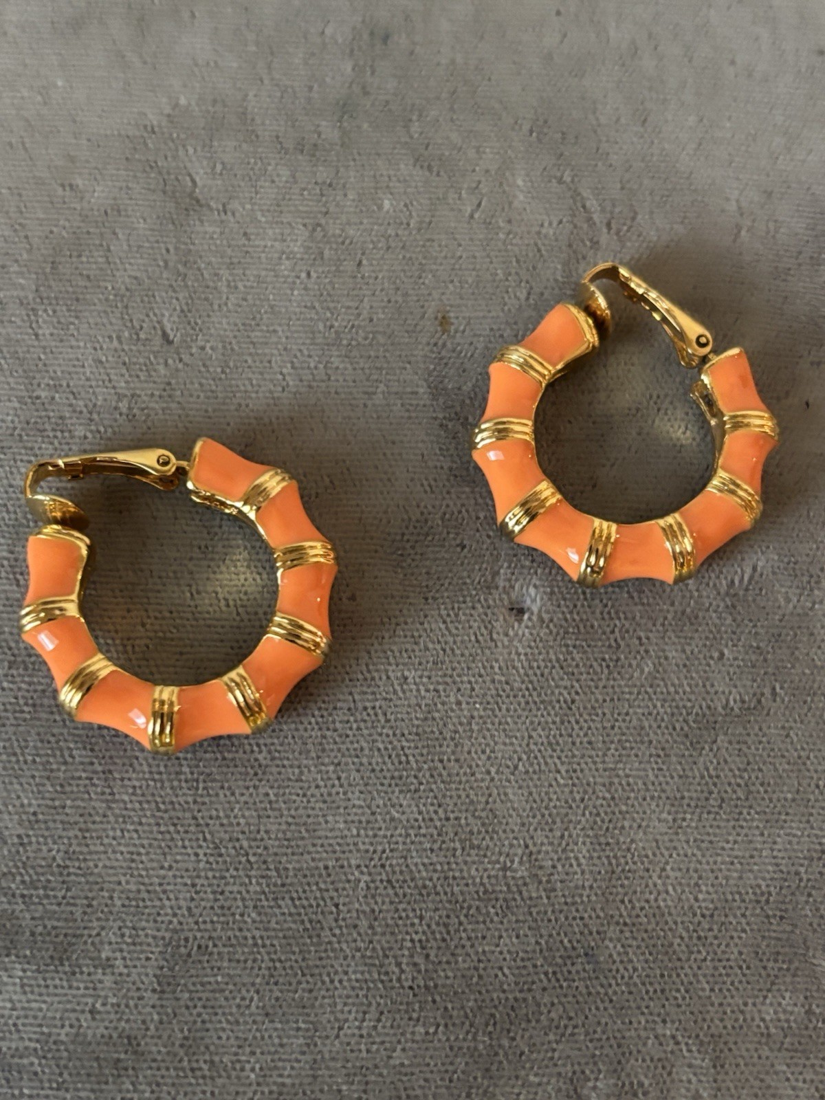 KJL Orange Coral Bamboo Enamel Hoop Clip On Earrings