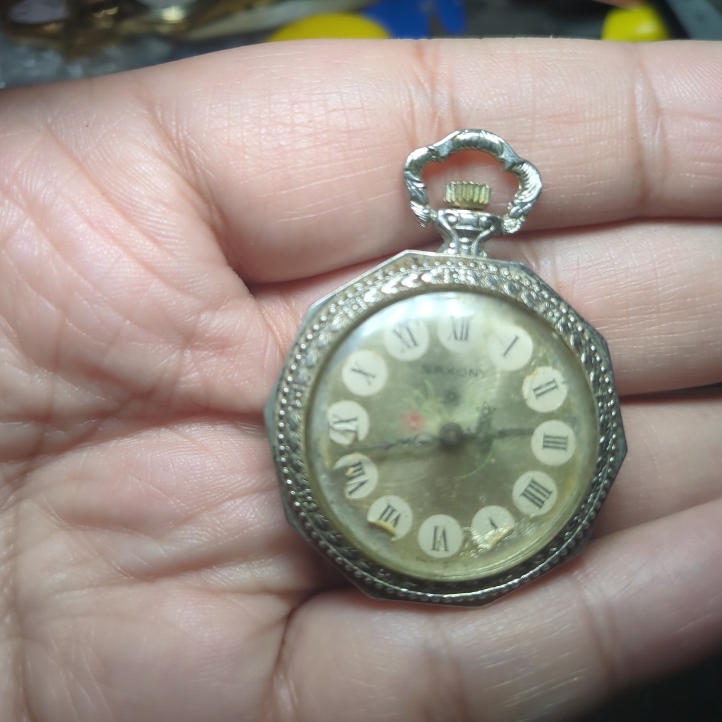 Vintage Saxony Ladies Silver Pendant Watch Manual Wind No Chain For Repair
