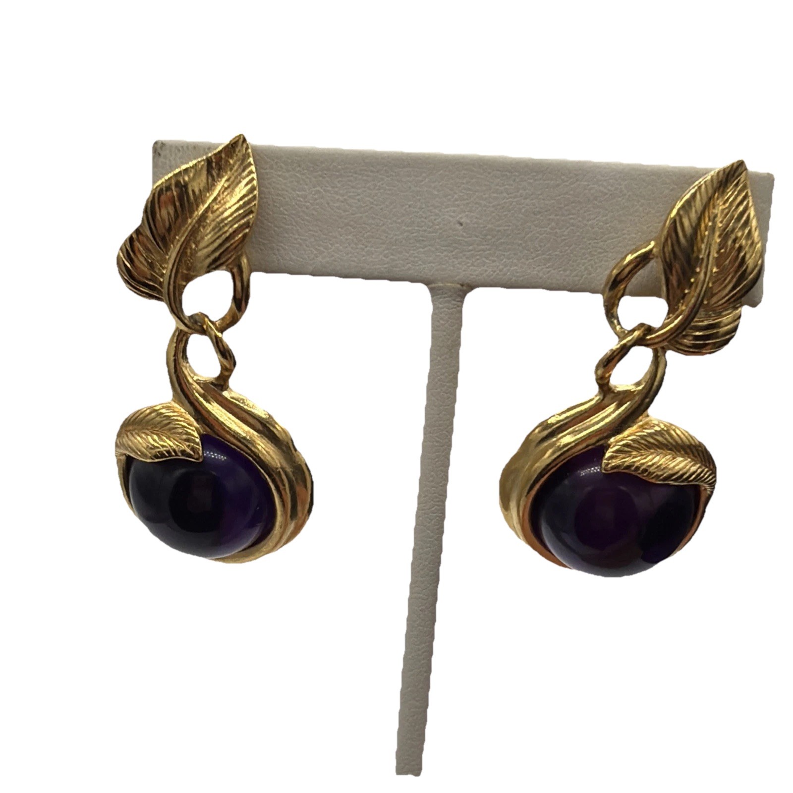 Vintage Gold Leaf Amethyst Purple Stone Pierced Earrings – Nature Motif Dangle