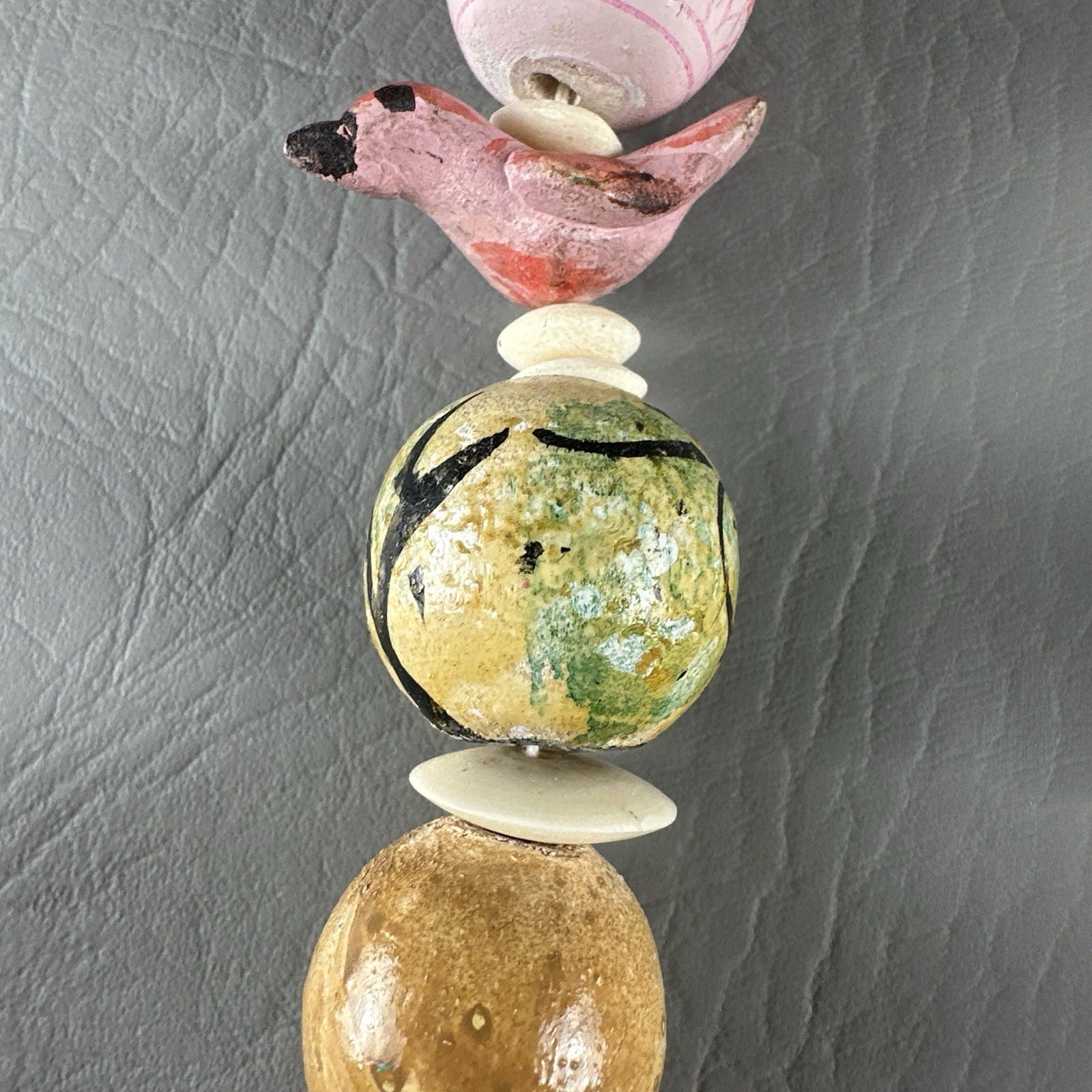 Vintage Hand Painted Necklace Bird Bead Artisan Wood 27”