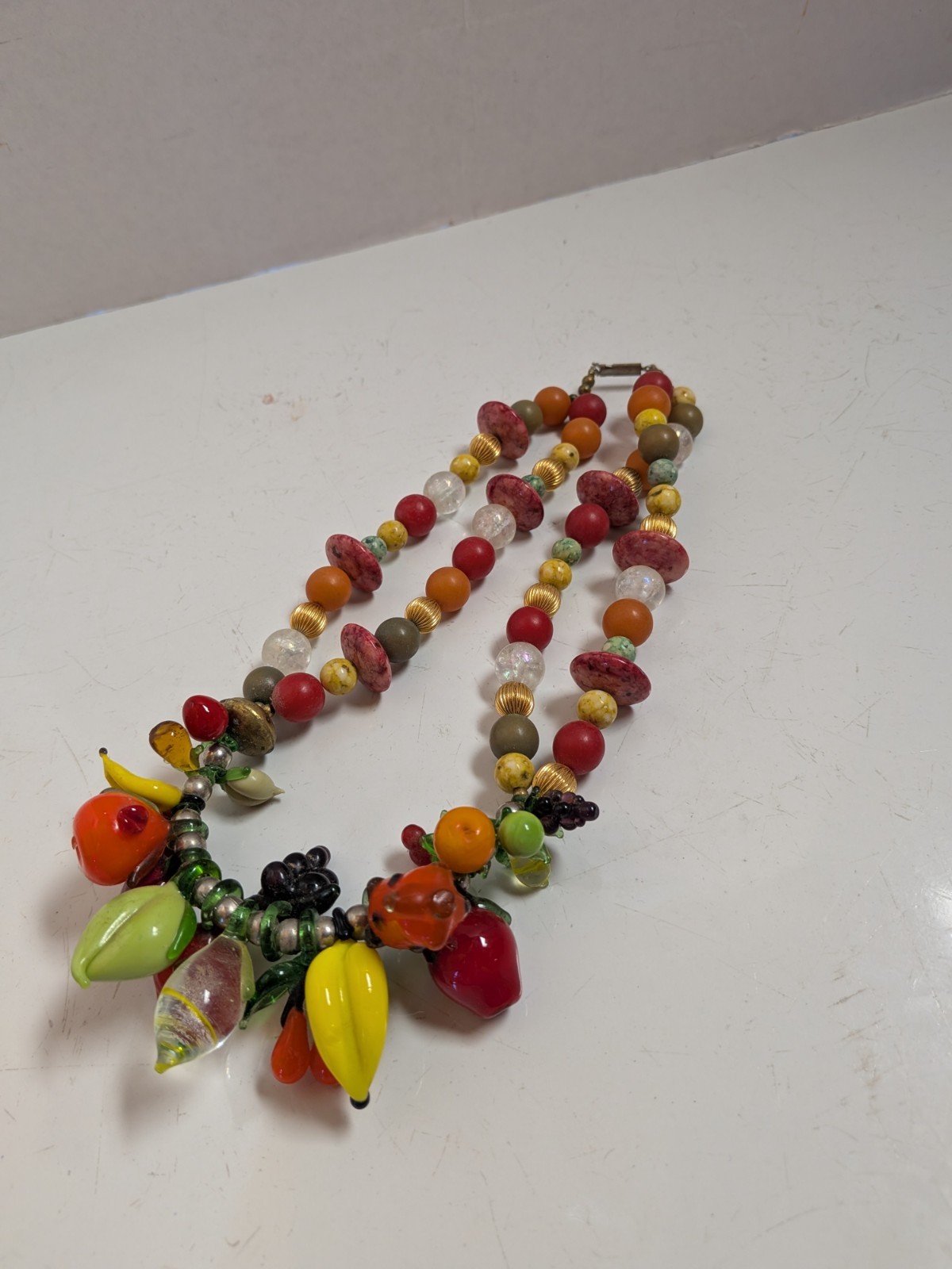 Vtg Fruit Salad Art Glass Fruit Dangle Charm Style Necklace Bananas Apple Grapes