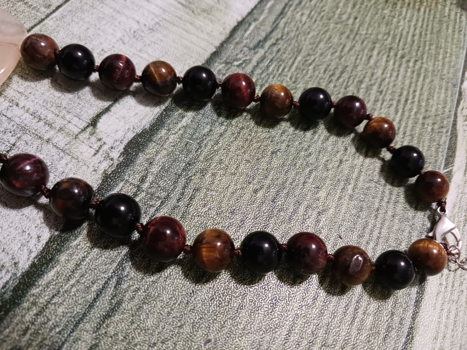 VINTAGE NATURAL YELLOW JADE TIGER’S EYE GEMSTONE NECKLACE 18K WHITE GOLD PLATED