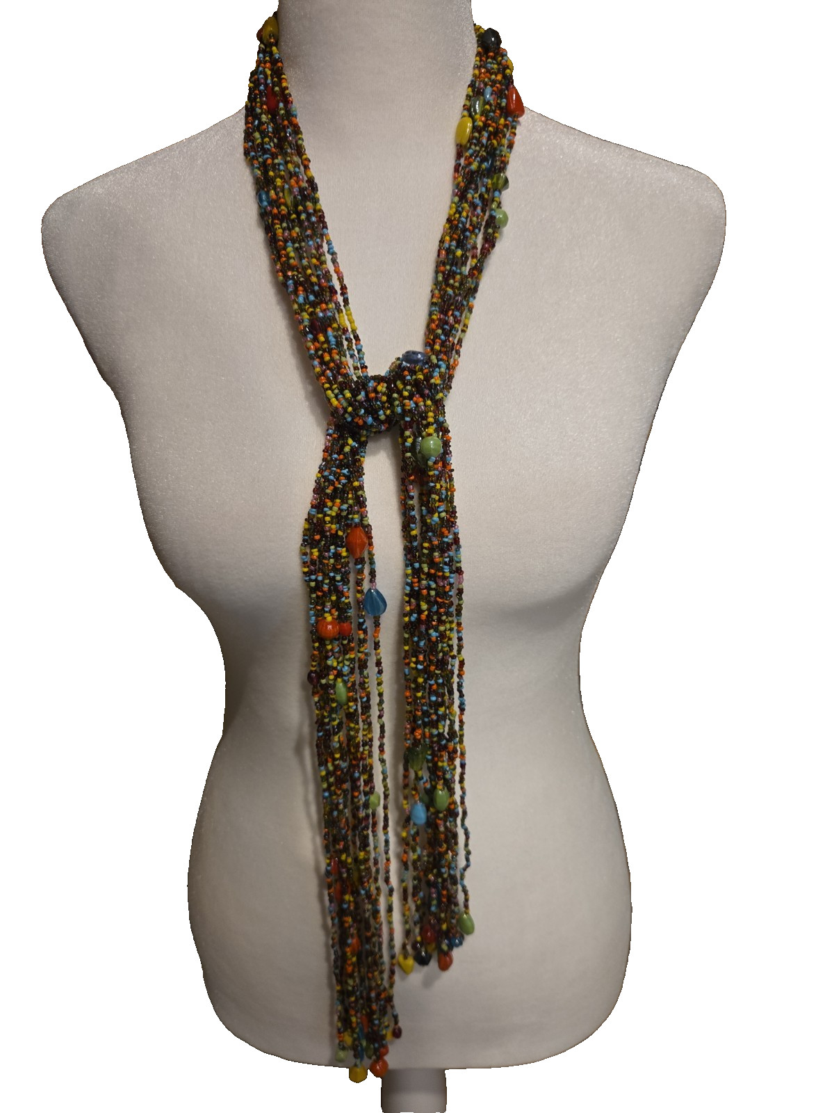 VTG Multi-Strand Glass Seed Bead Scarf Necklace Boho Open Wrap Fringe No Clasp