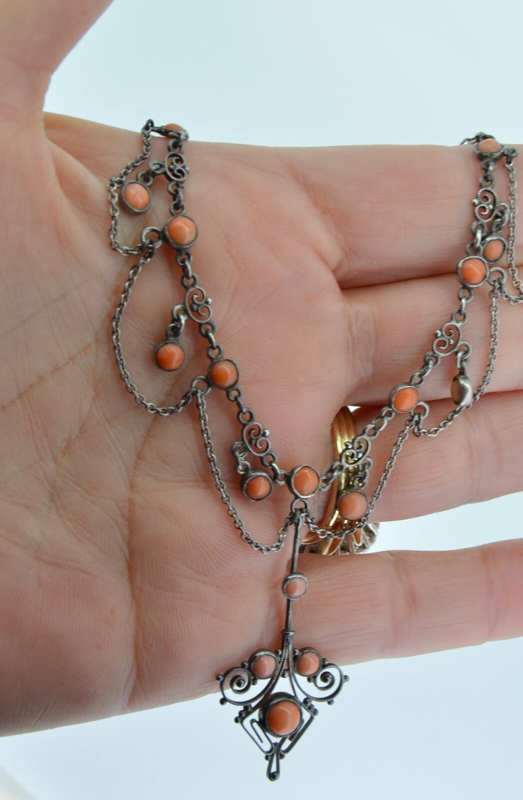 Victorian Sterling silver & Coral Swag Cannetille Necklace