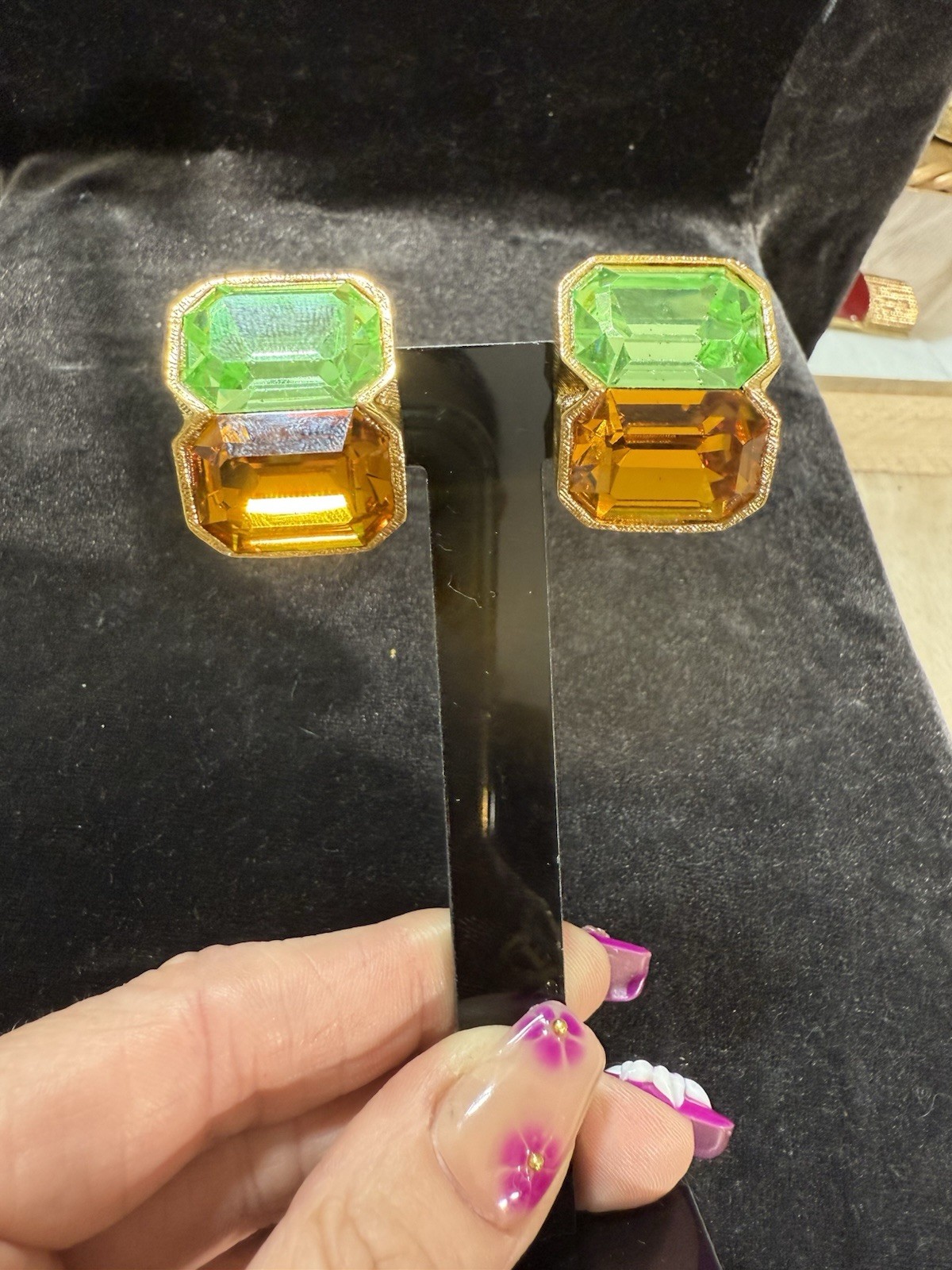 Vintage Signed Kenneth Lane Green & Orange Rhinestone Runway Clip-On Earrings