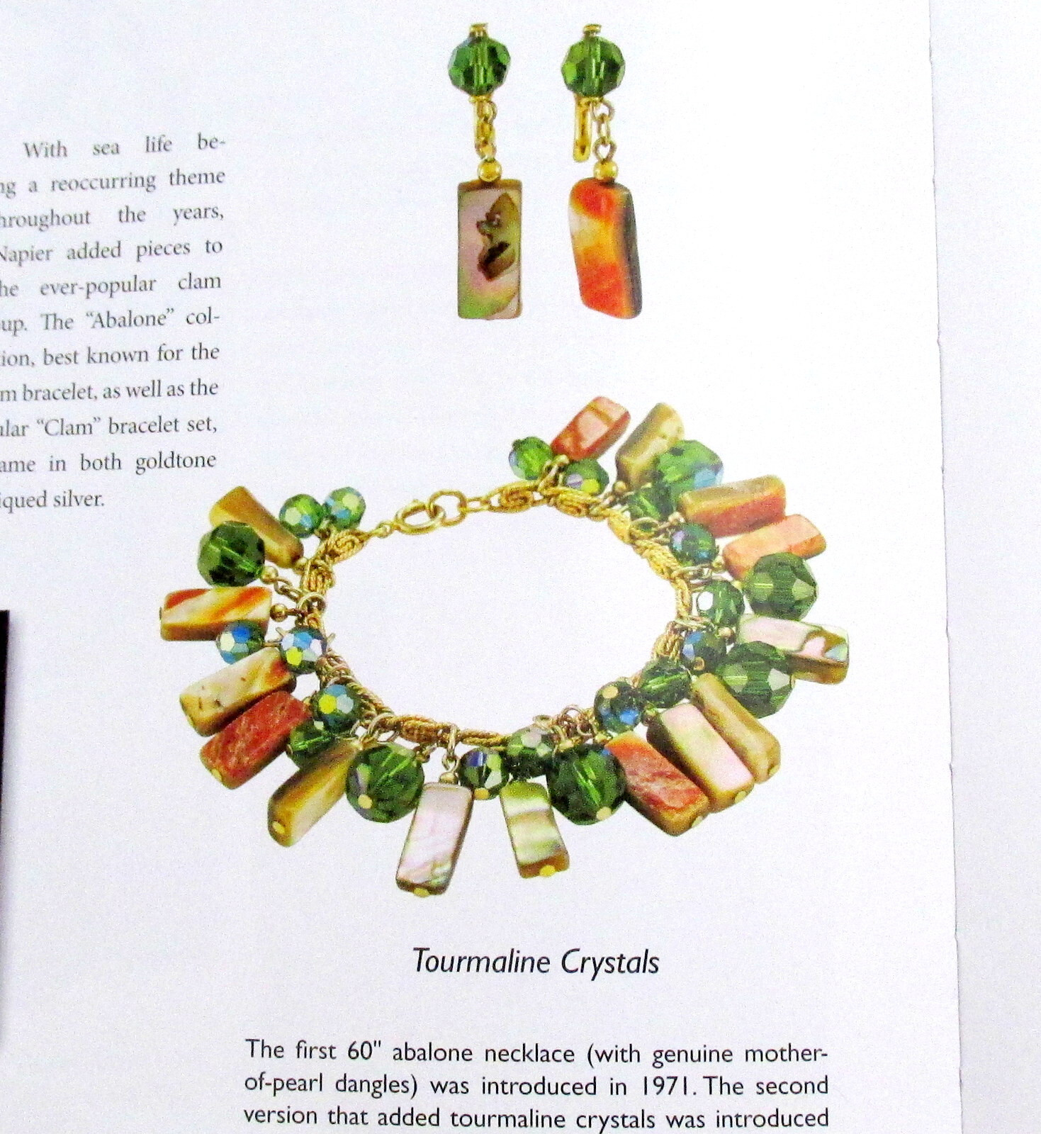 VTG RUNWAY NAPIER 60″ CHAIN ABALONE MOP GREEN CRYSTAL BEAD NECKLACE BOOK PIECE