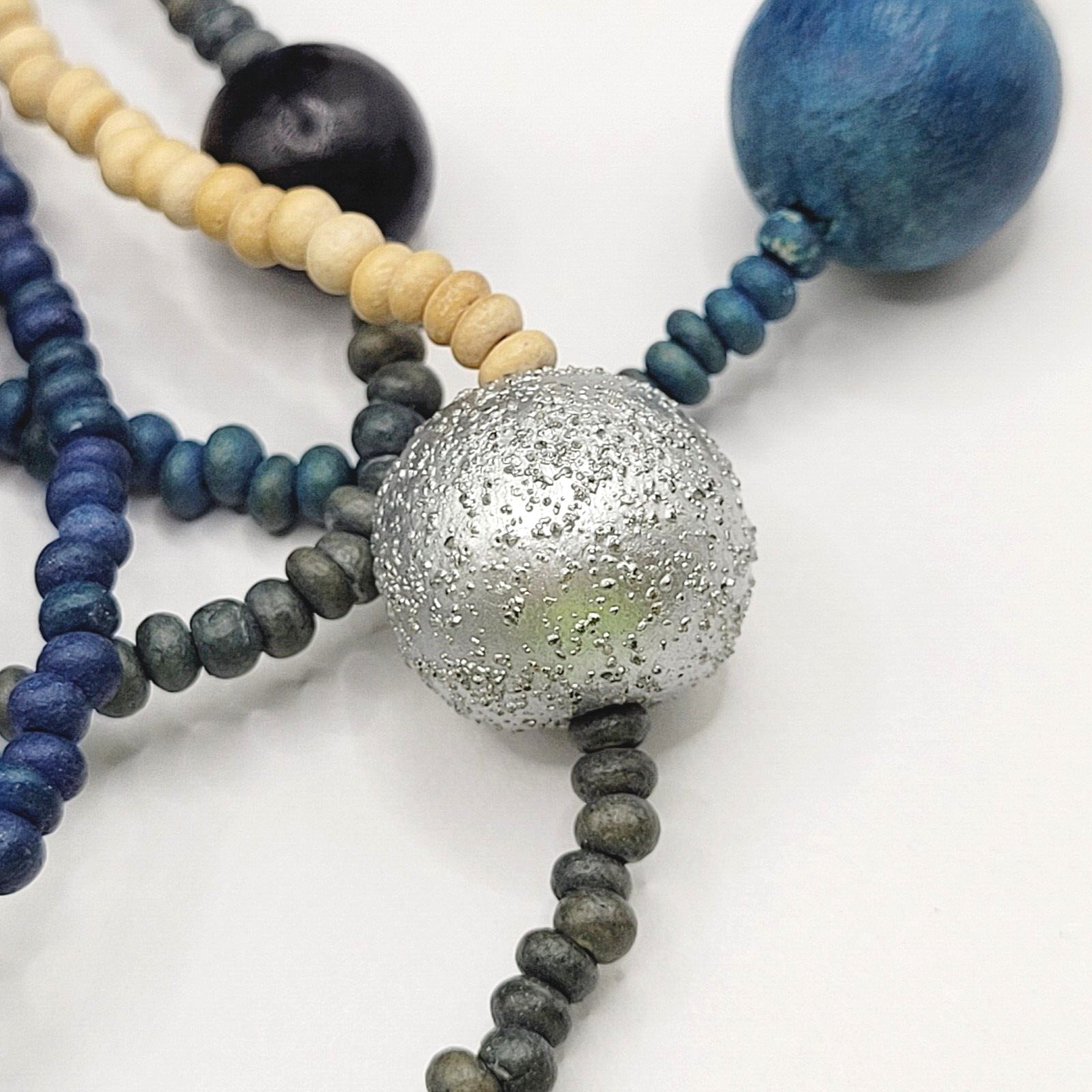 Peacock Blues Silver Tone Multi Strand Unique Bead Styles Vintage Necklace 24 In