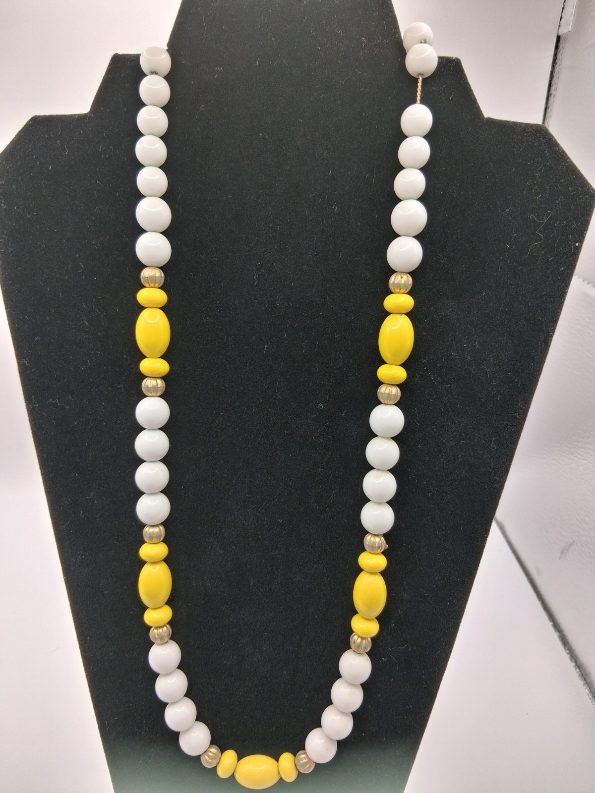 Vintage, White and Sunny Yellow Beads, Hook Clasp, Strung On Thin Chain, 25″