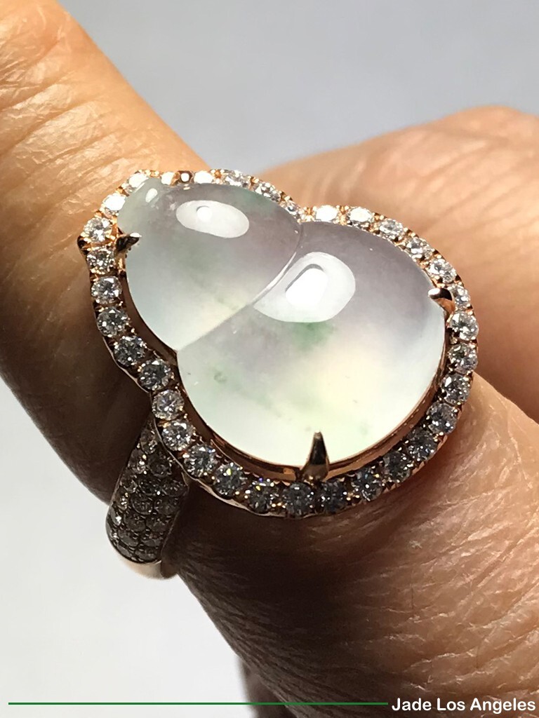 Wealthy Gourd Icy Jadeite Jade 18K Rose Gold Diamond Ring 34.48ct Ring Size:7