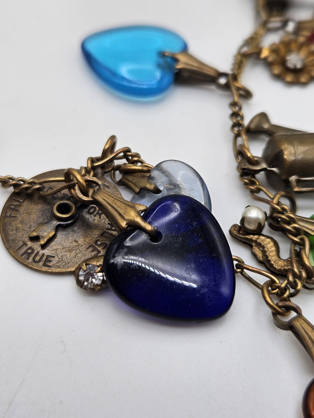 Glass Works Studio Brass Tone Multicolor Glass Dangle Hearts Charm Necklace