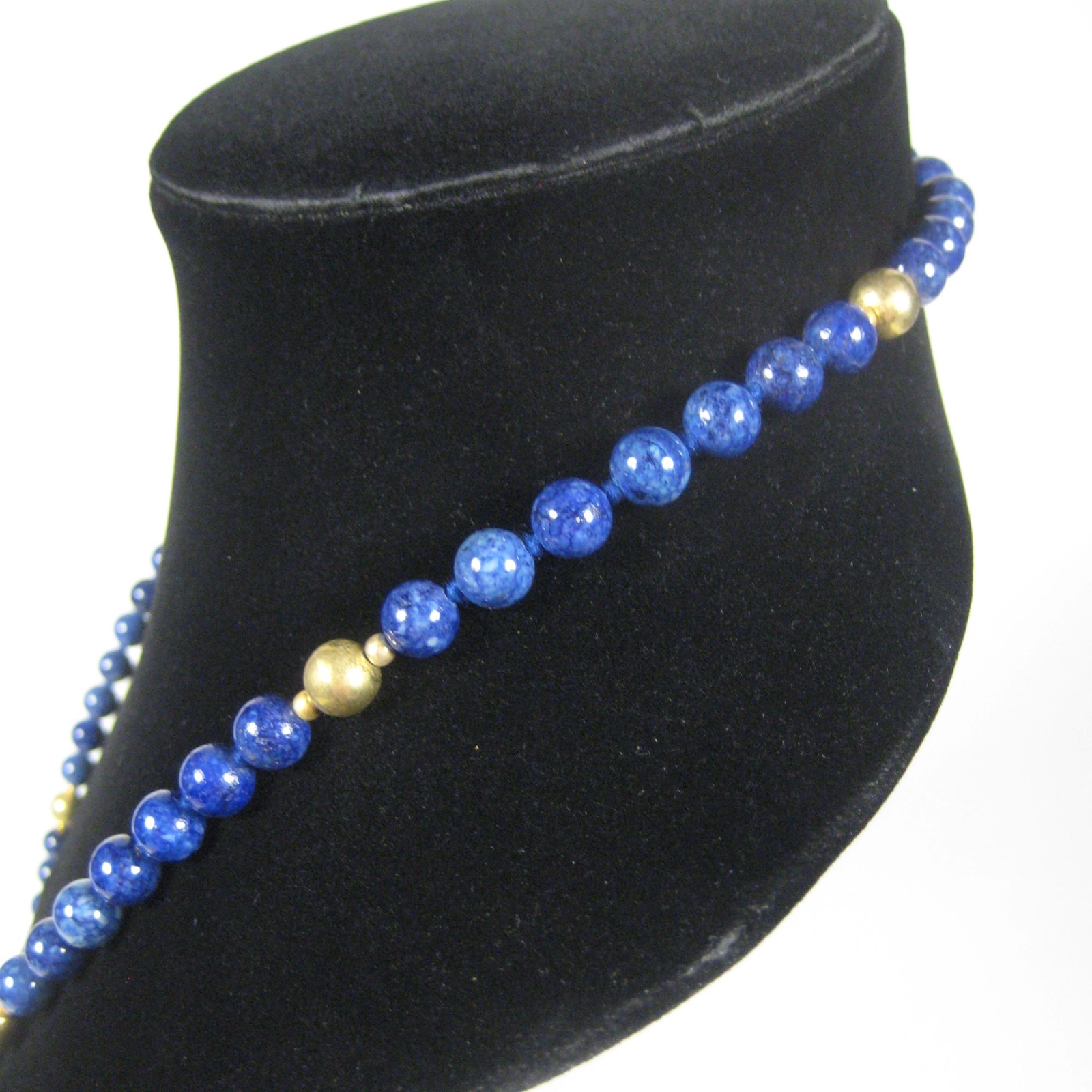 Blue Glass Beaded Necklace 34 inch Strand Hand Knotted Goldtone NO CLASP