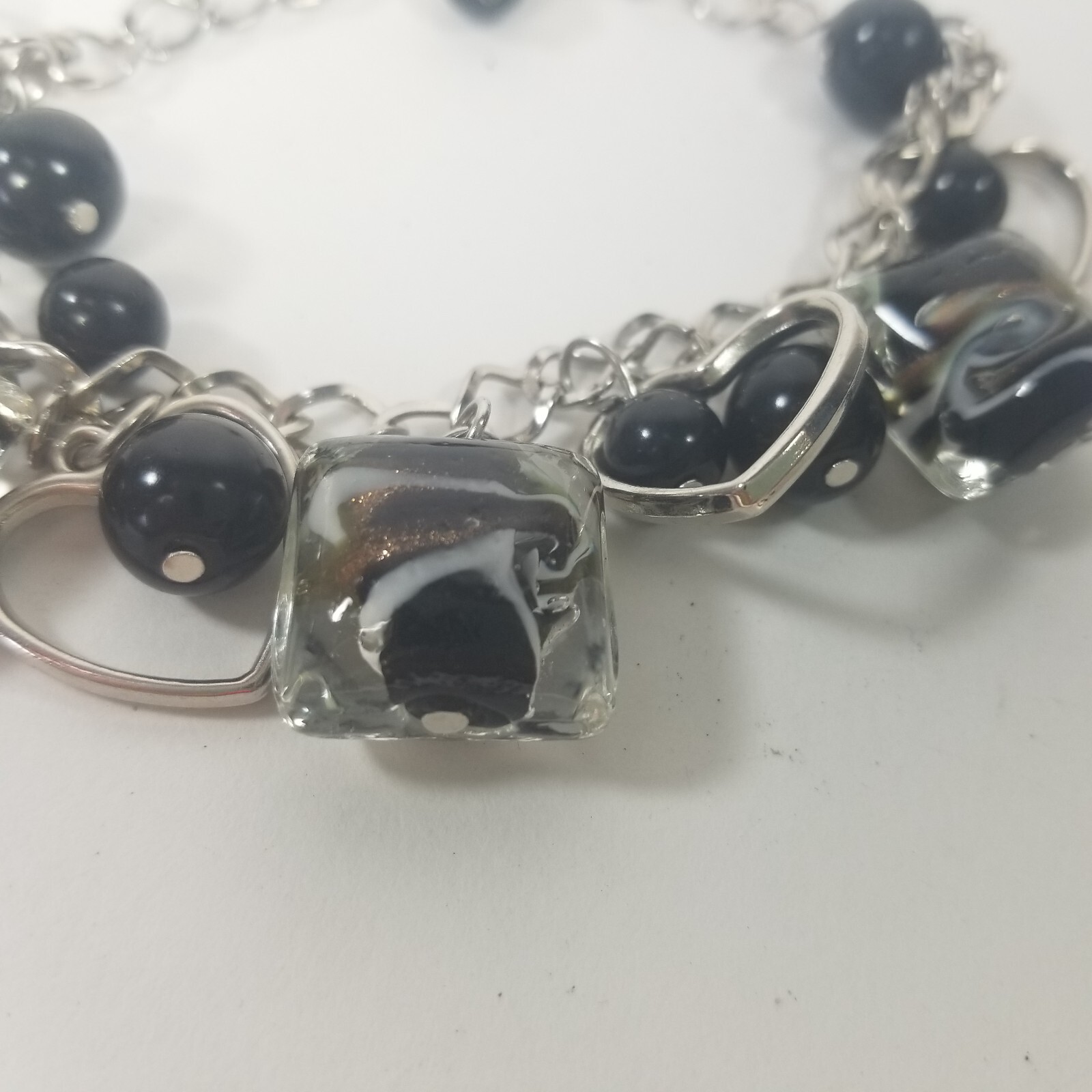 Charm Bracelet Black Silver Tone Heart Glass Bead Dangle 7-9″