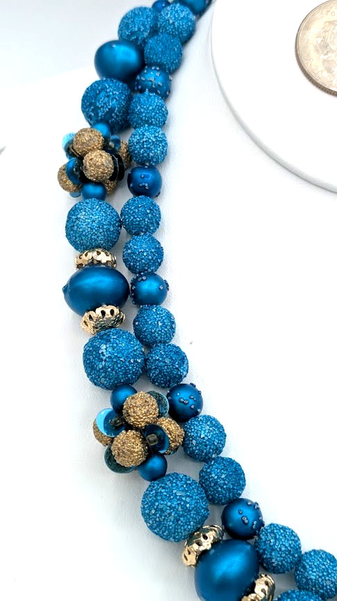 Vintage JAPAN Necklace Earring Set Blue Sugar Bead Floral Cluster