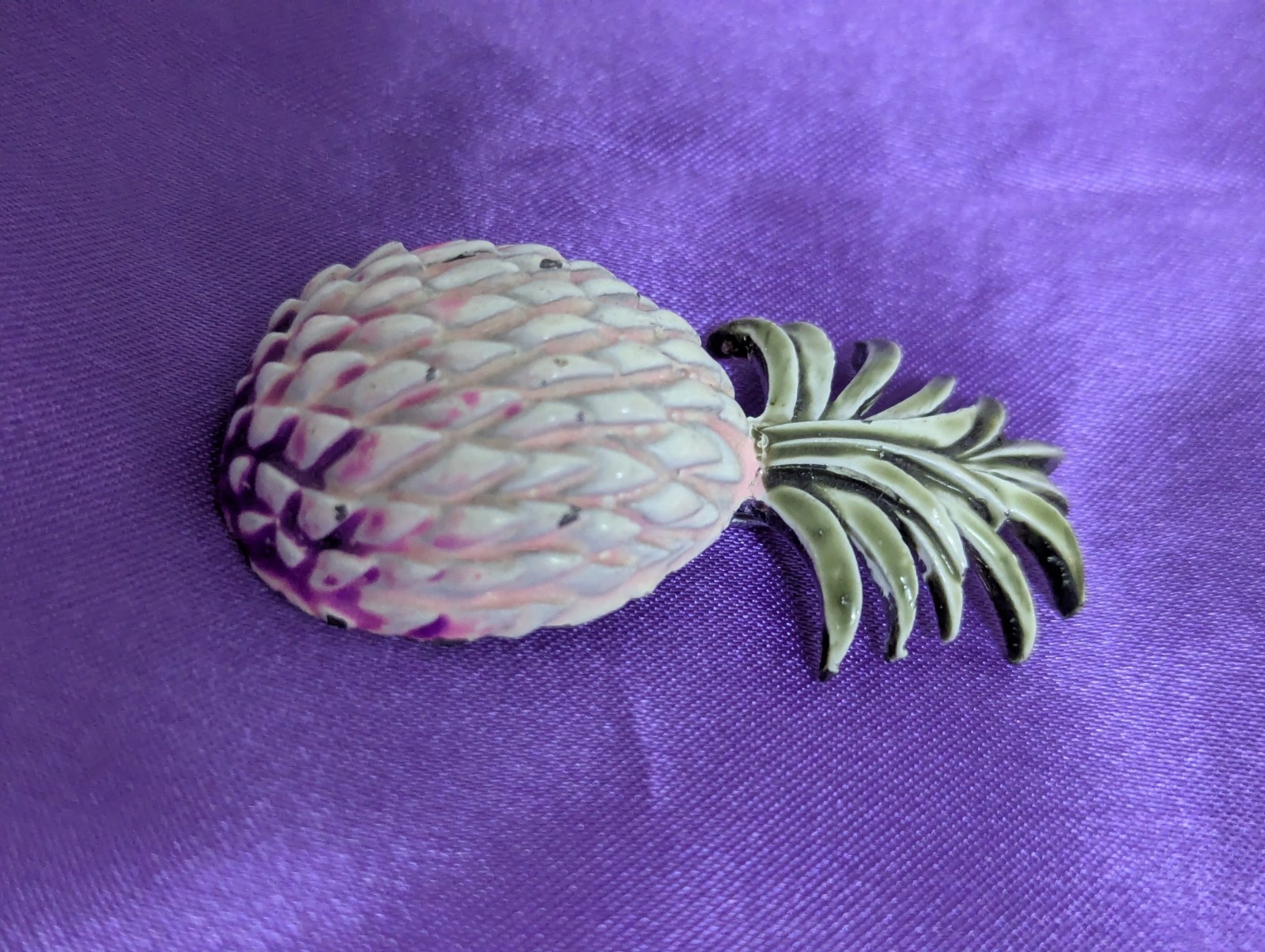 Vintage White Pink & Purple Enameled Pineapple Brooch