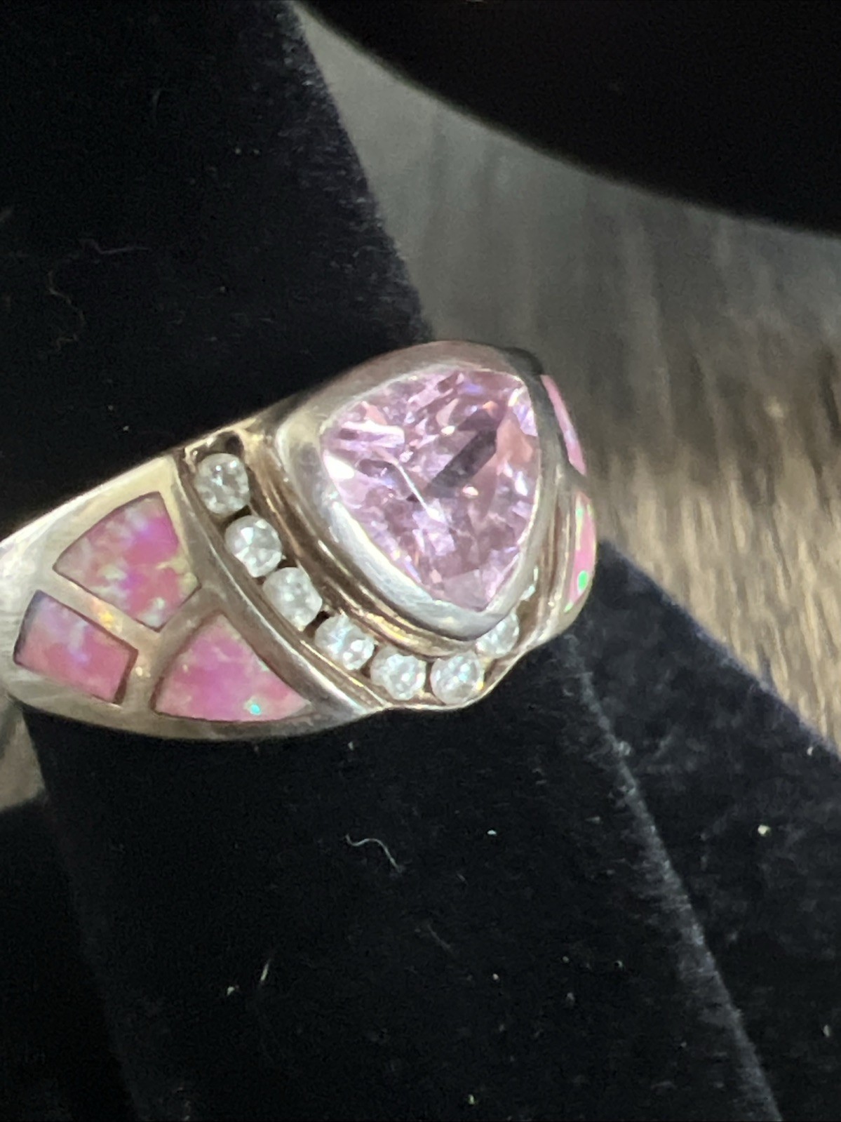 Stunning 925 Sterling Silver Pink Trillion Cut Ring with Inlay & Accents