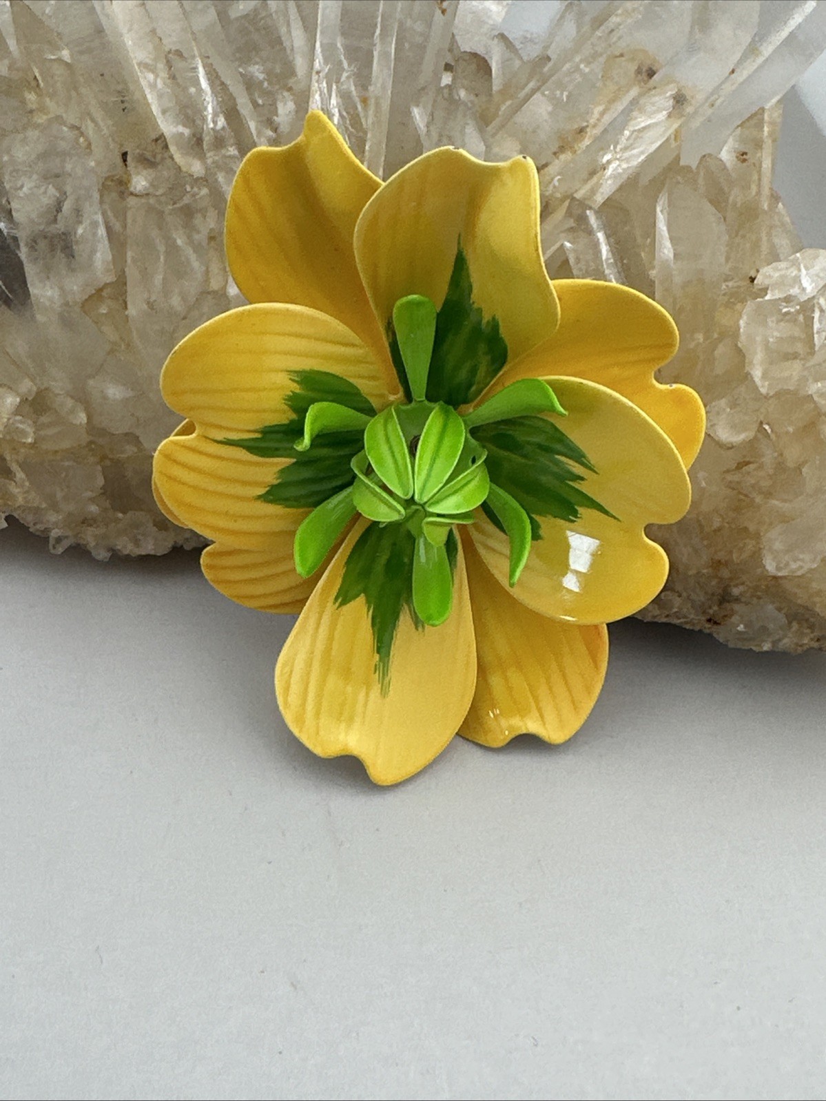 Vintage Lemon Yellow Lime Green Enamel Metal Brooch
