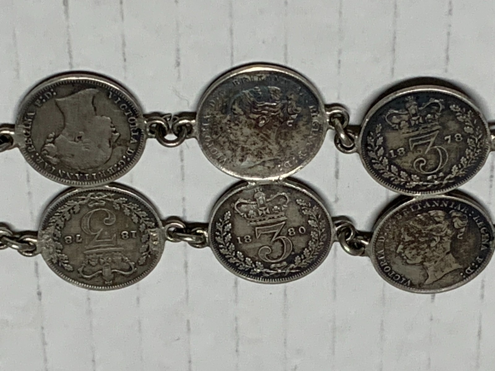 VINTAGE BRITISH COIN LINK BRACELET VICTORIAN ERA, 20-3 PENCE COINS 1873-1884