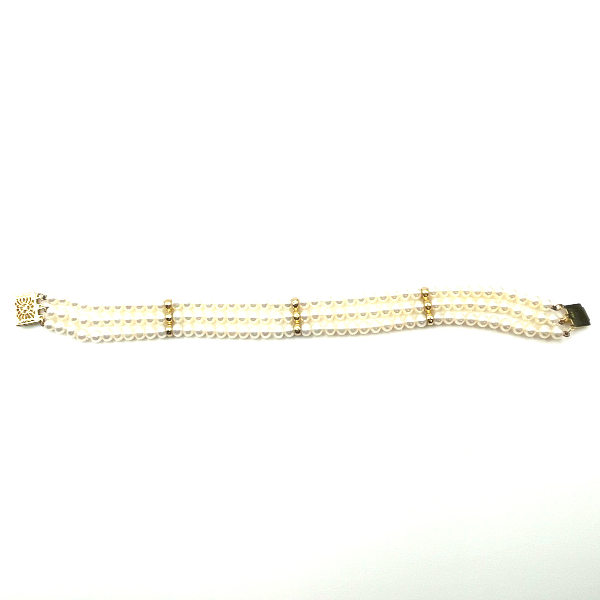 Estate Pearl Bracelet Sz 6.5 Triple Strand 4mm Push Clasp 14K Gold Clasp Spacers