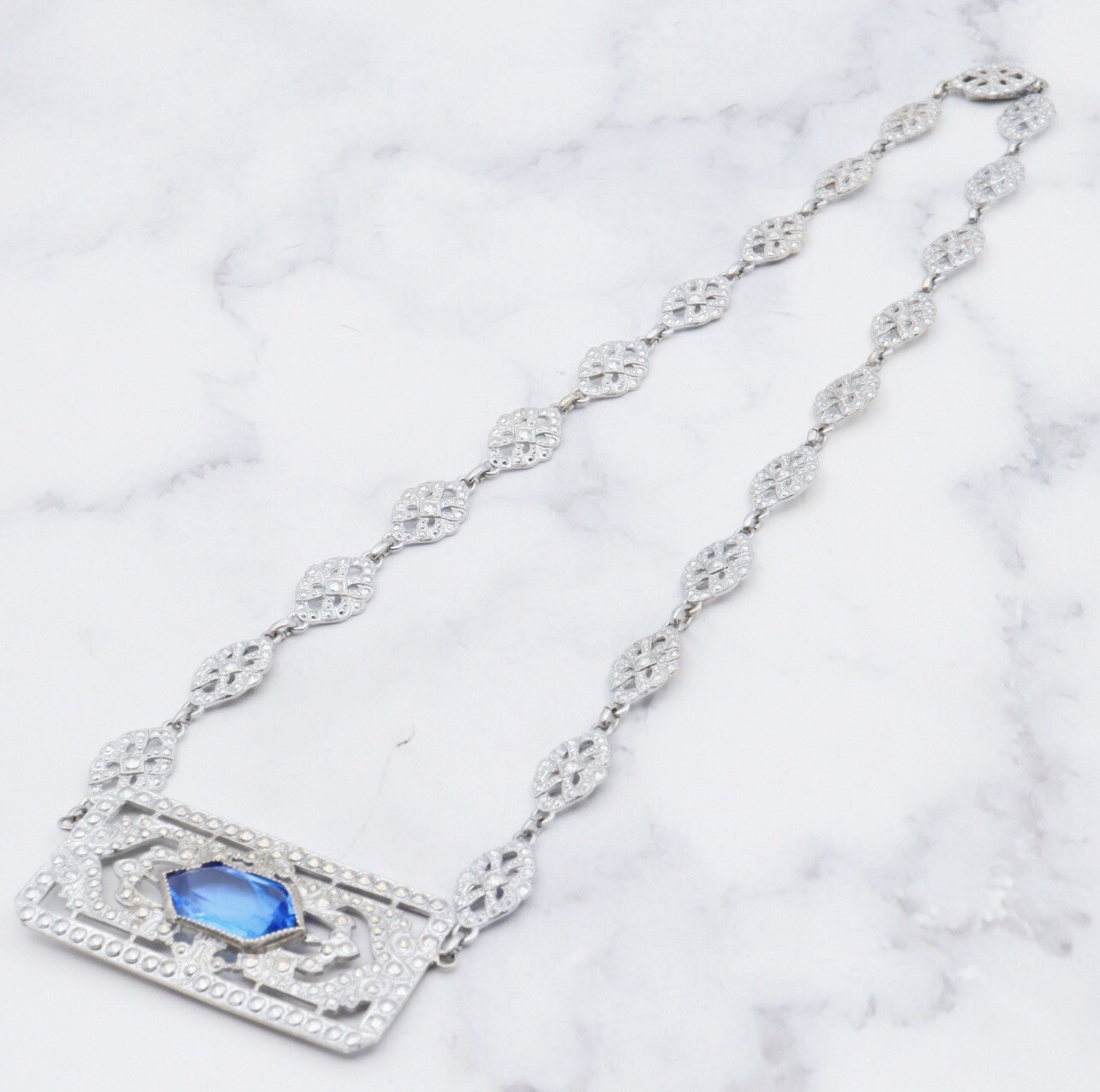 Antique Art Deco Blue Lozenge Shape Plaque Rhodium Plated Sterling Necklace