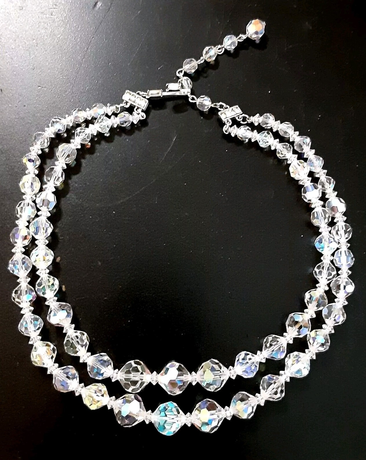 Vintage Clear Crystal Bead Necklace Double Strand 6-12mm 14*16.5 in