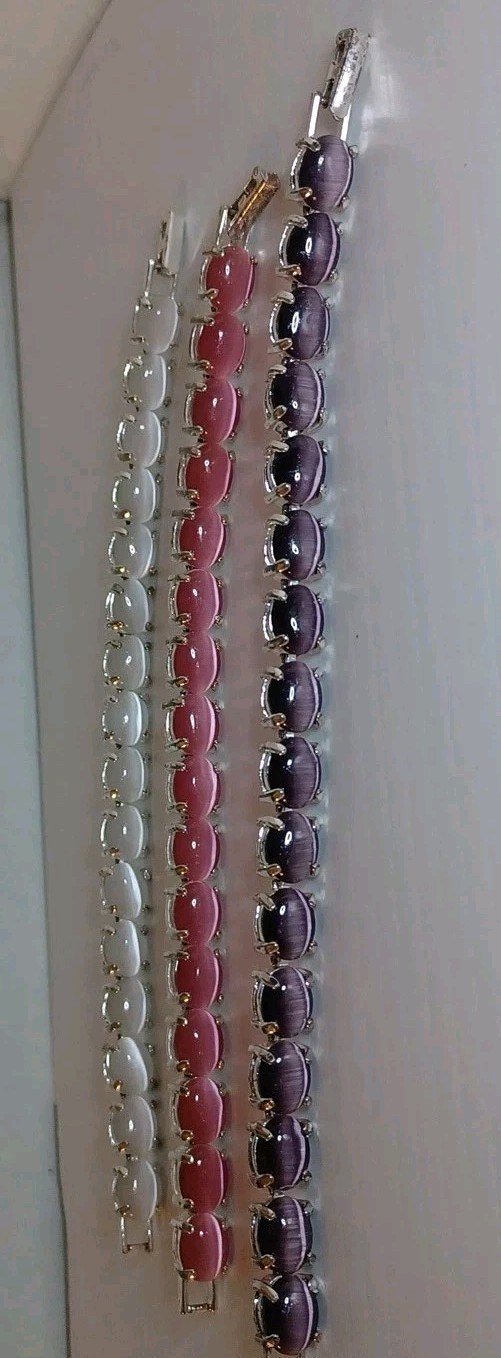 3 Vintage 7″ Avon Cat Eyes Moonstone Cabochon Tennis Bracelets White Purple Pink