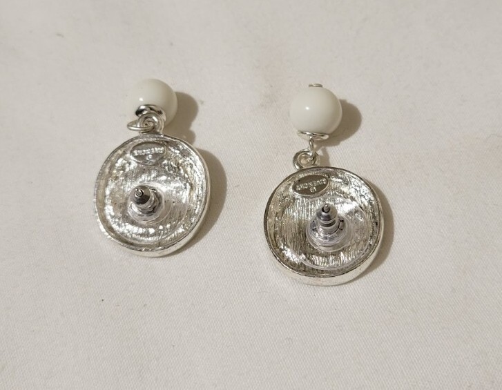 Vintage Givenchy Signed Logo Silver Tone with White Ball Pierced Dangle Earrings