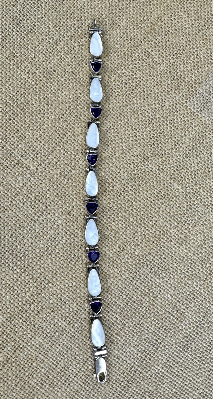 Vintage Acleoni Silver 925 Trillion Amethyst & Luminous Mother Of Pearl Bracelet