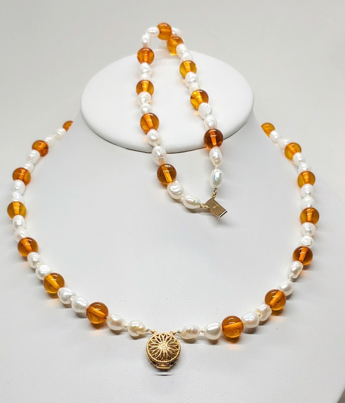 14k Gold Honey Amber Pearls Double Necklace 24″ 14k Removable Antique Pendant