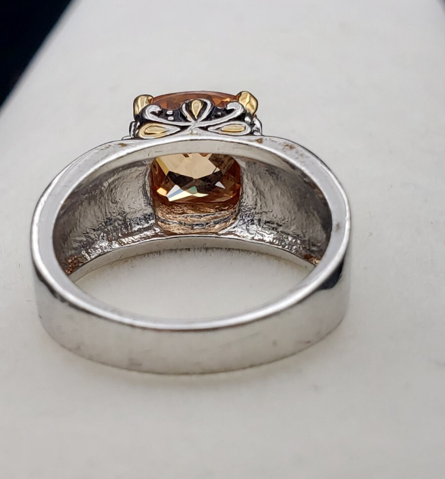 Vintage 18K White Gold Plated Cushion Cut Champagne CZ Floral Ring Size 7.75
