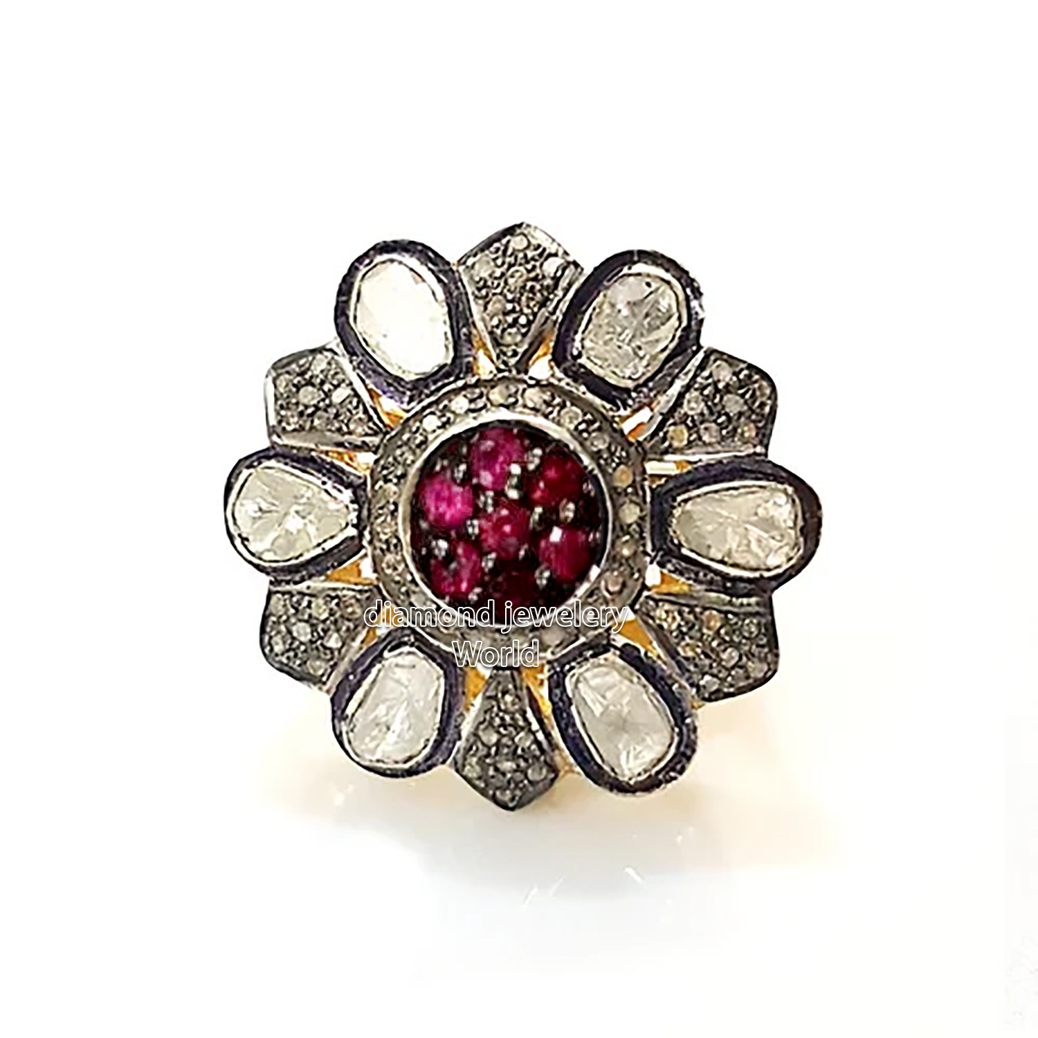 1.90ct Rose Antique Cut Diamond Ruby Studded Silver Vintage Amazing Ring Jewelry