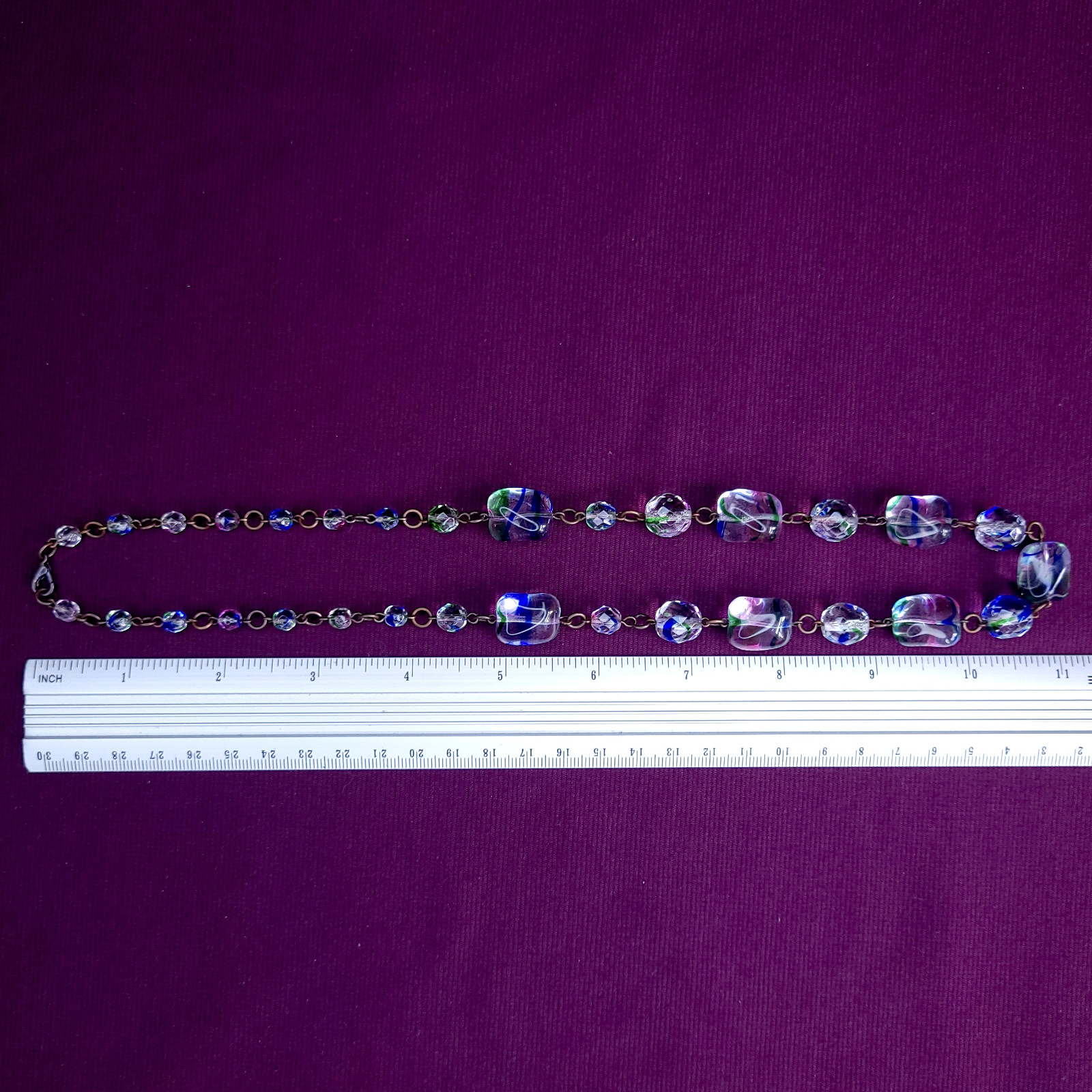Art Deco Style Iris Glass Necklace 22inch Multicolor Glass Czech Old Beads