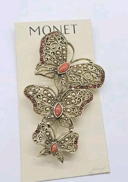 Monet Brooch Three Huge Butterflies Faux Coral Gold Tone 3.5 in Signed Vintage