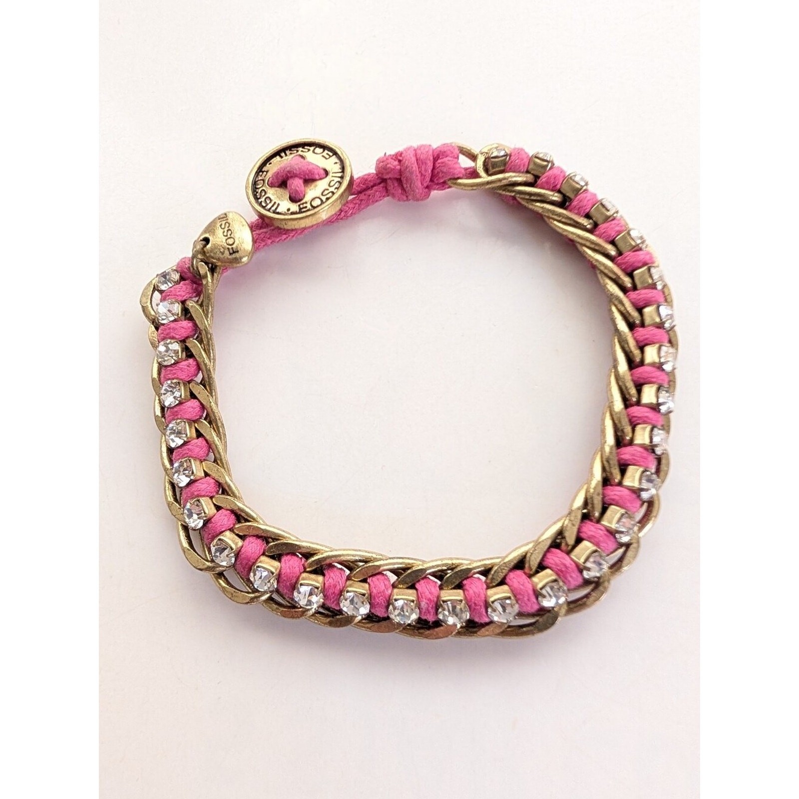 Fossil Y2K 2000s Rhinestone Gold Tone Chain Button Toggle Charm Pink Bracelet