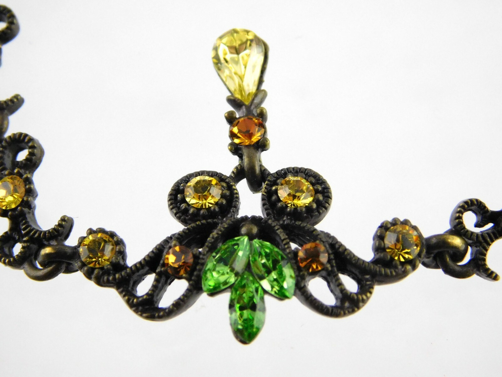 Vintage Bronze Tone and Rhinestone Bracelet Snap Clasp Floral Design Unbranded