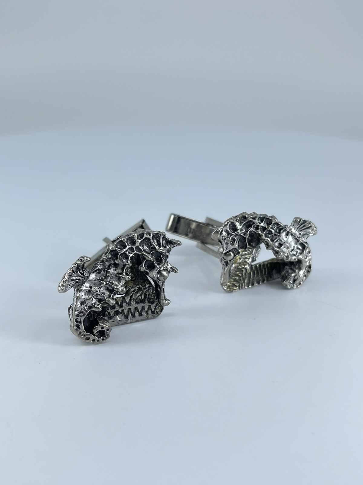 Vintage Seahorse cufflinks silver tone with black enamel accents 1-1/8″