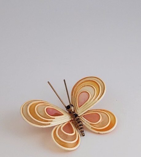 Vintage Orange Pink Woven Bamboo+ Resin Enamel Butterfly Brooch Pin~Figural Boho