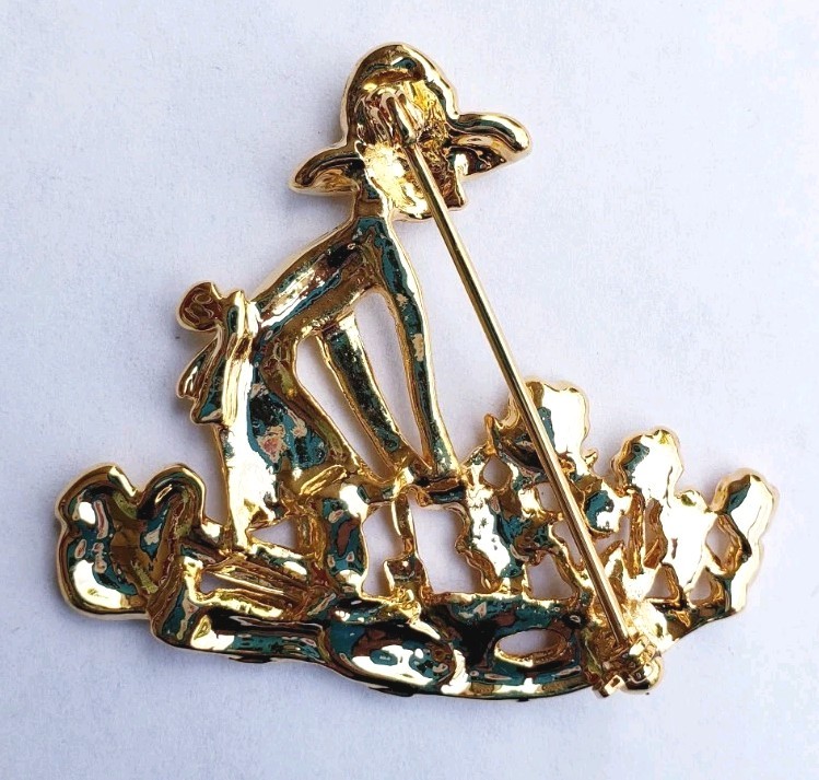 White Stag Gold Tone Gardener Gardening Planting Flowers Brooch Rhinestones