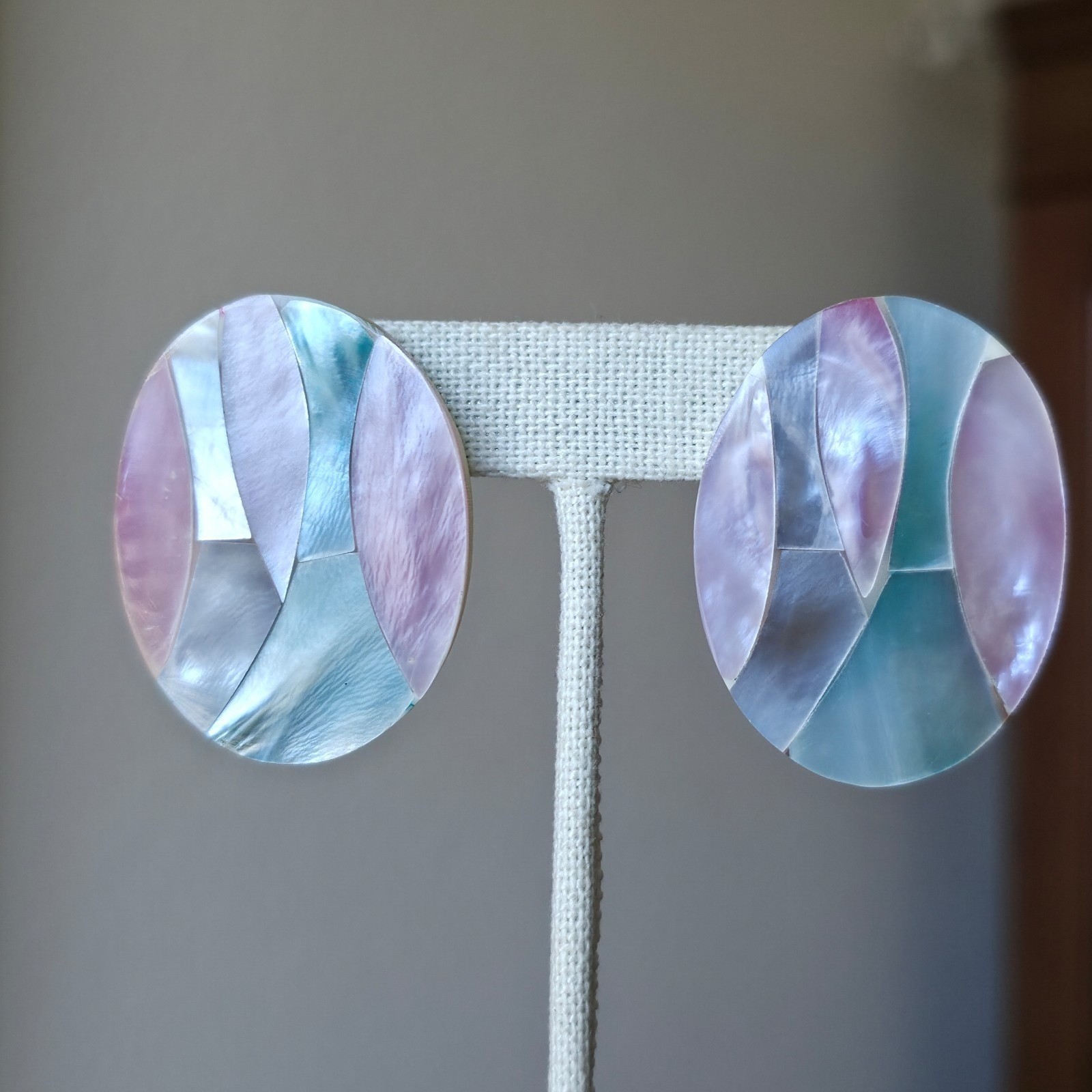 Vintage Necklace Earrings Set Acrylic Mosaic Shell Rose Quartz Howlite