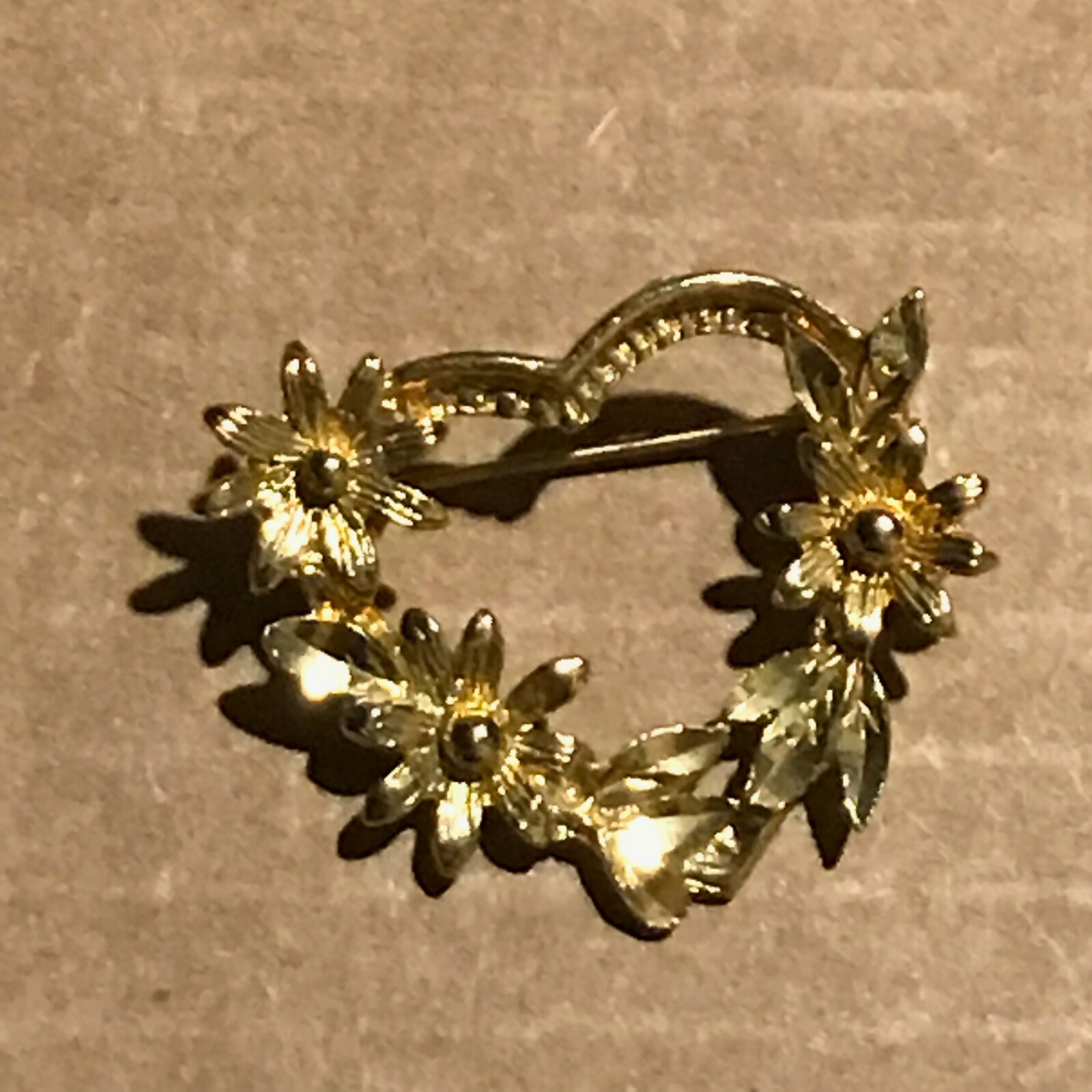 Estate Goldtone Heart with Flowers Pin Brooch – 1.5 x 1 and 3/8th’s inches –