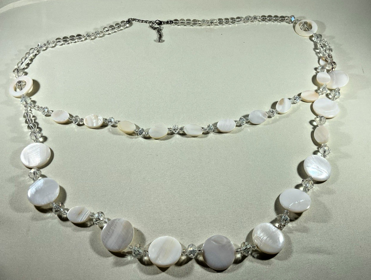 Mother of Pearl Abalone Necklace White Double Strand w/ Clear Glass Beads Chic