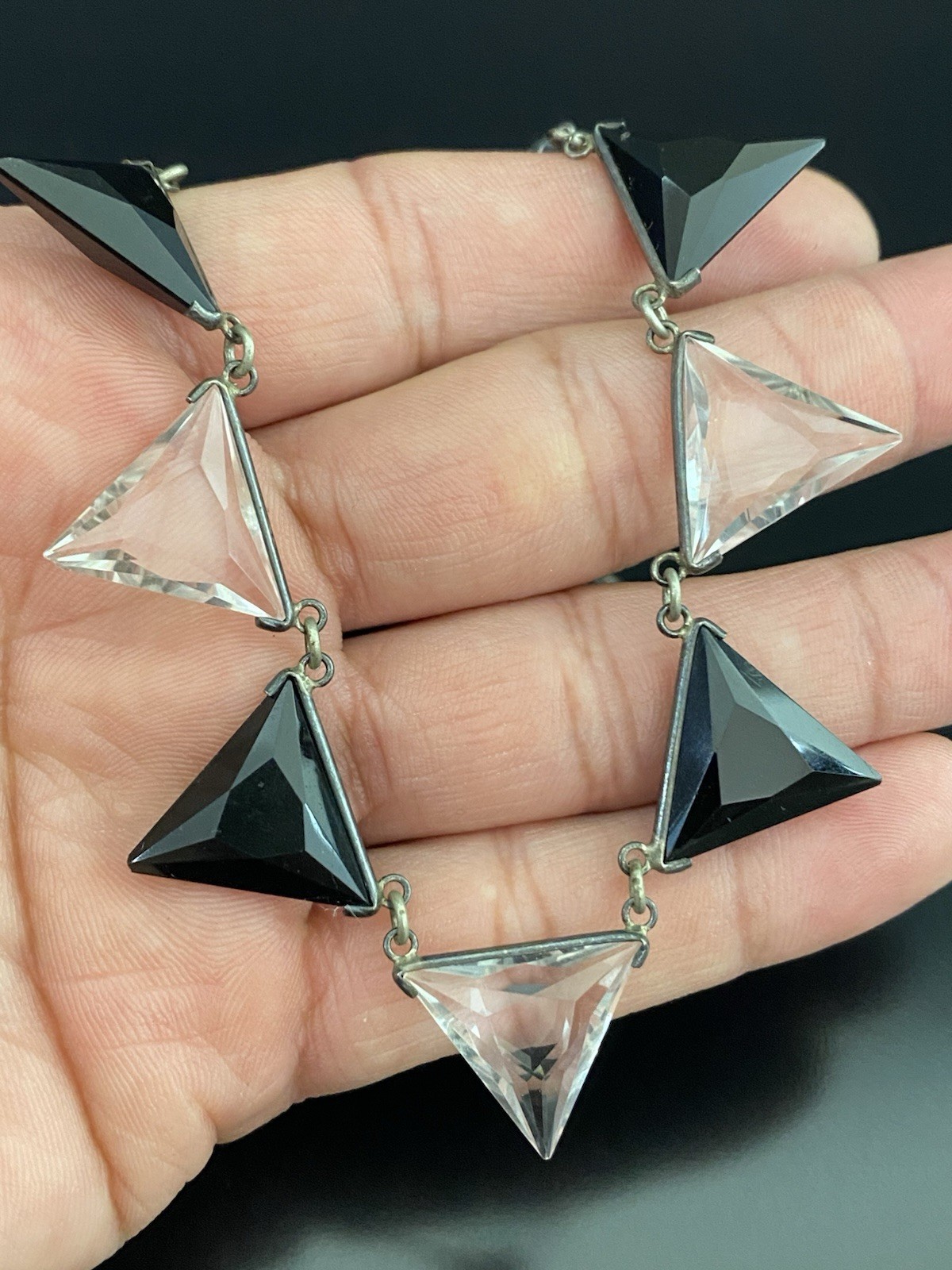 Art Deco VTG Silver Tone Trillion Cut Clear & Black Rock Quartz Choker Necklace