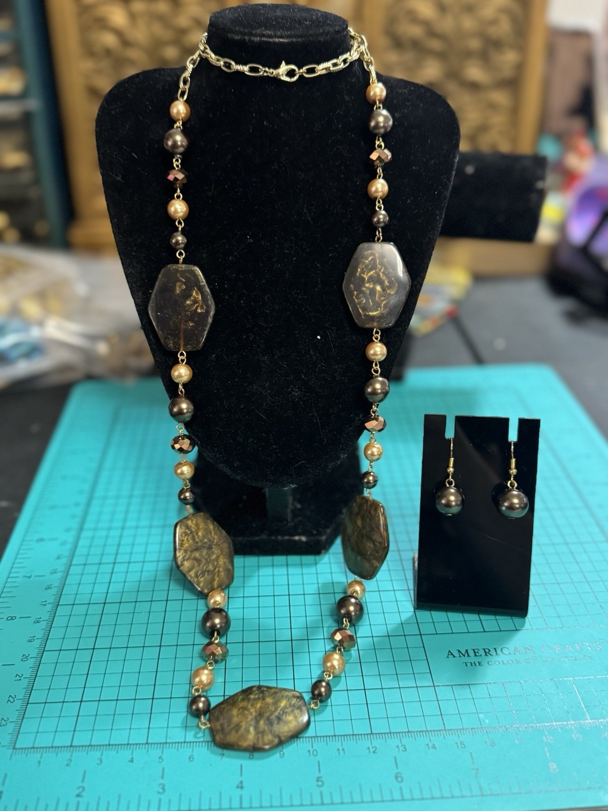 Vintage ColdWater Creek Gold Tone Necklace and Earring Bohemian Chunky Beads